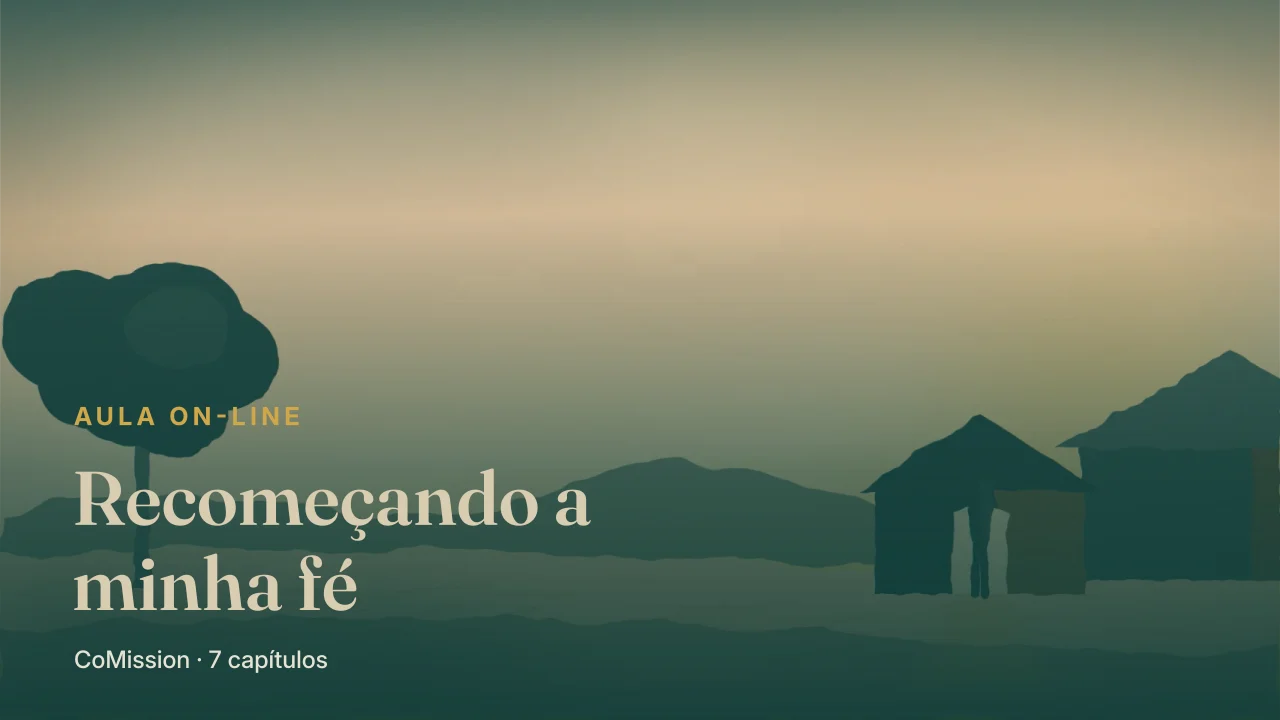 Capa: Recomeçando a minha fé — a primeira luz da manhã sobre uma porta aberta, e um pai de pé nela, olhando a estrada.
