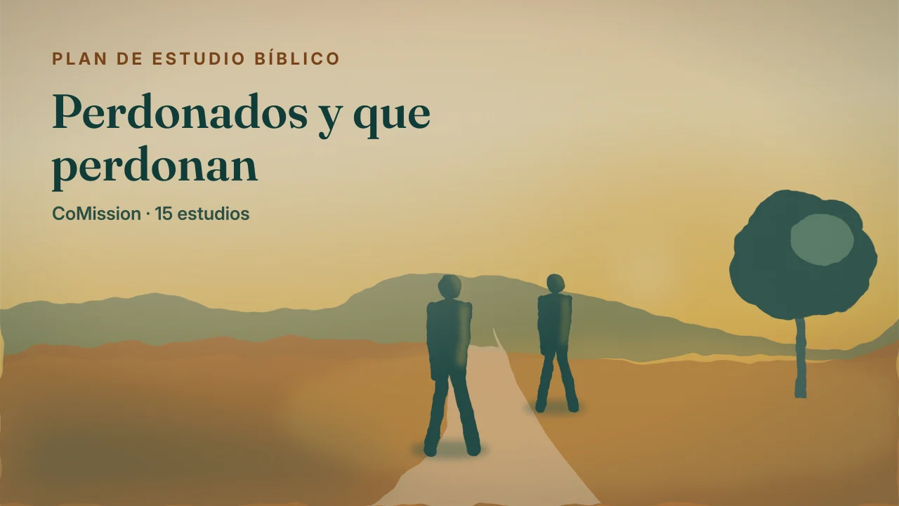 Perdonados y que perdonan — dos figuras encontrándose en un camino al atardecer, una de ellas todavía corriendo