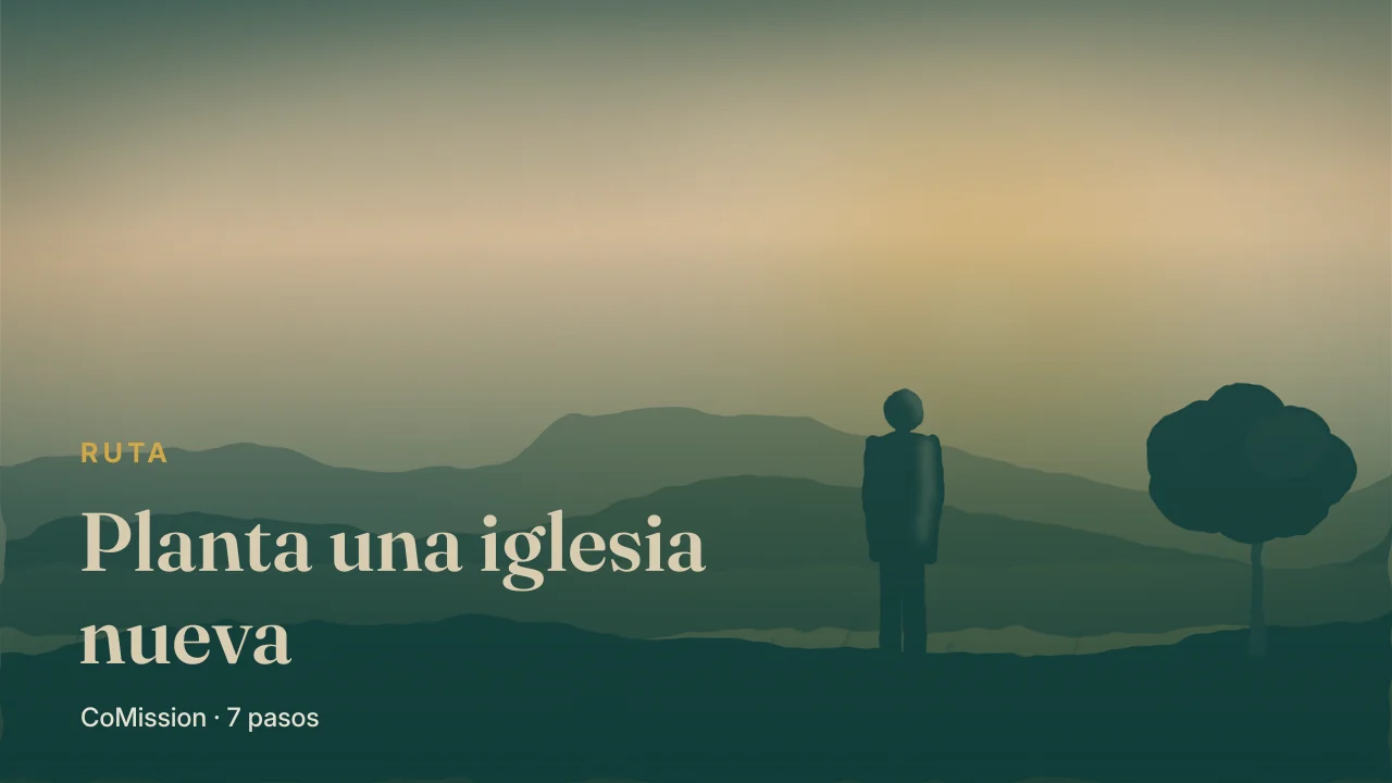 Planta una iglesia nueva — una figura en lo alto al amanecer, mirando un valle donde aún no hay congregación