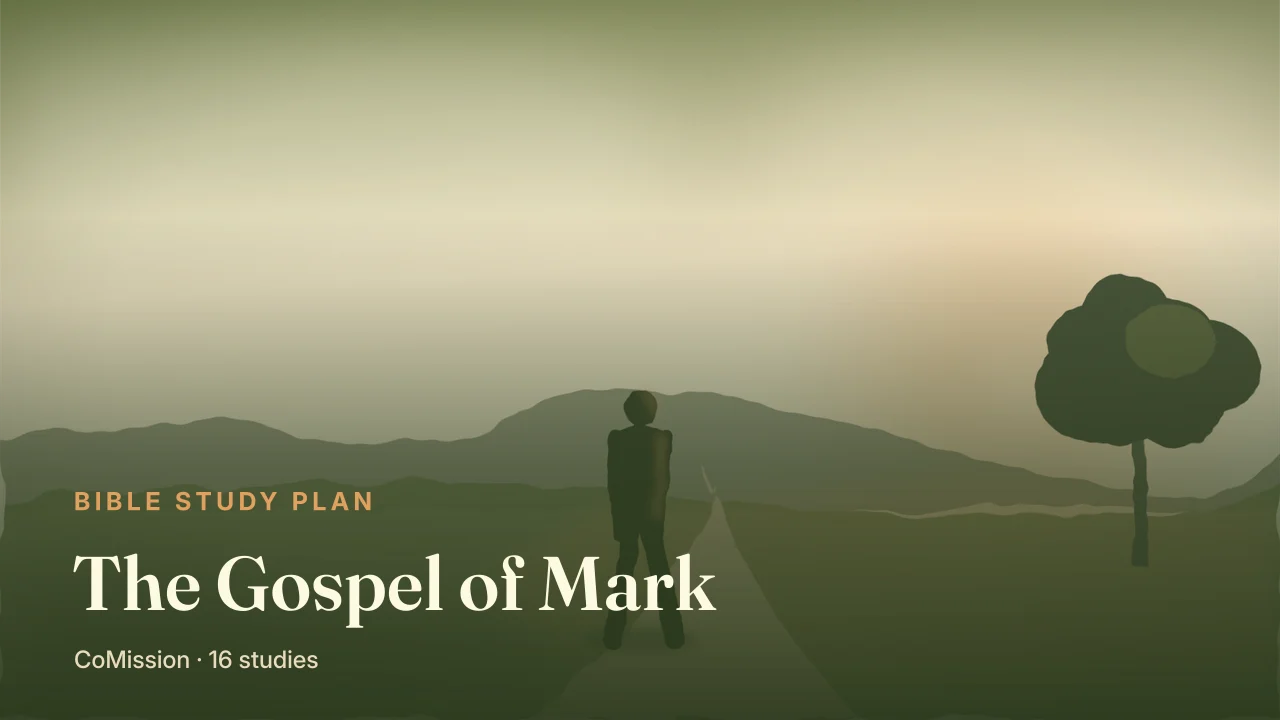 The Gospel of Mark — a road running from the wilderness toward an empty tomb at sunrise