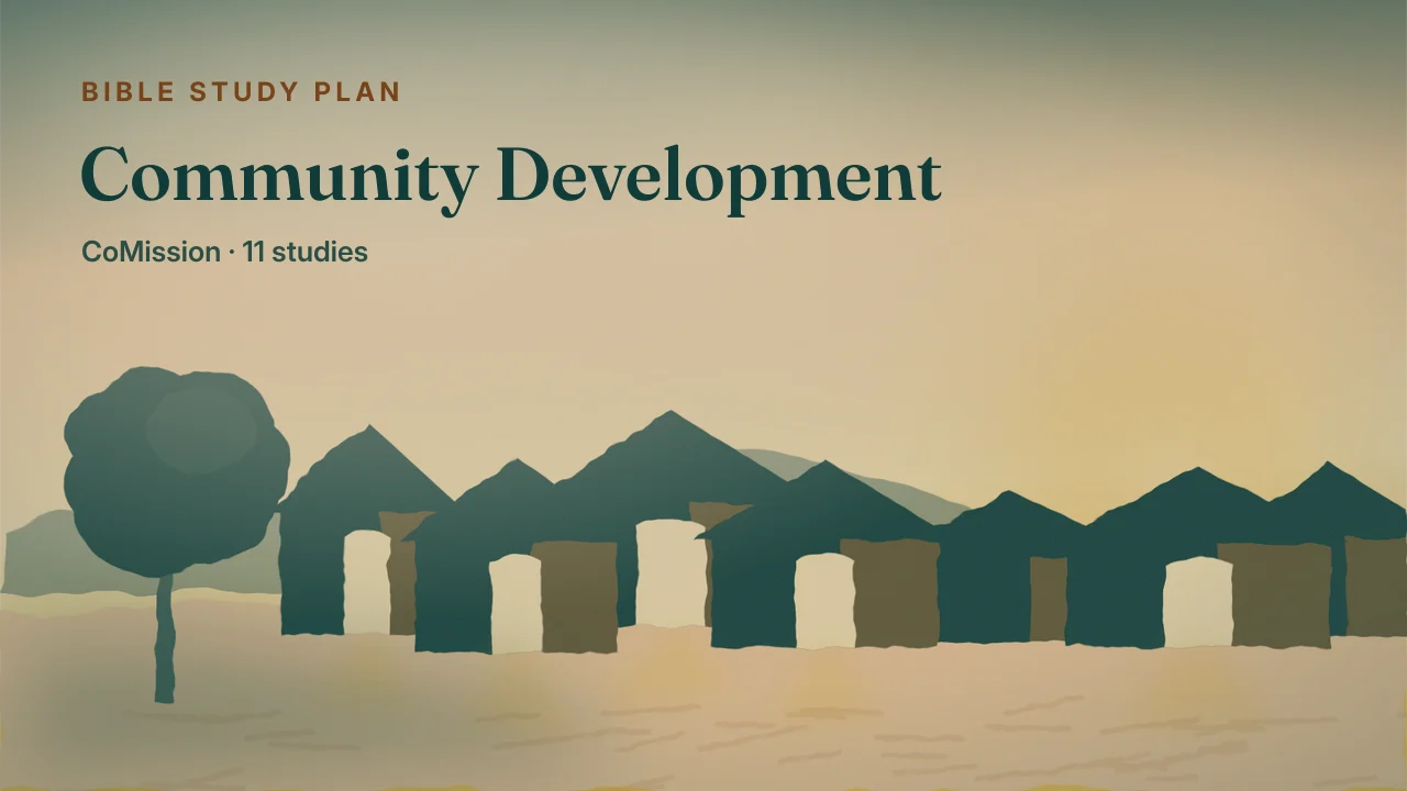 Community Development — lit windows across a small town at first light, the houses waking one by one