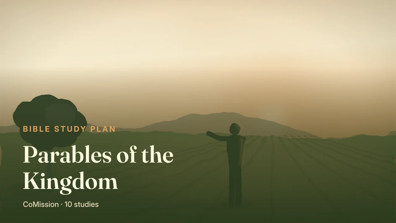 Parables of the Kingdom — a sower's arc of golden seed over a dark field