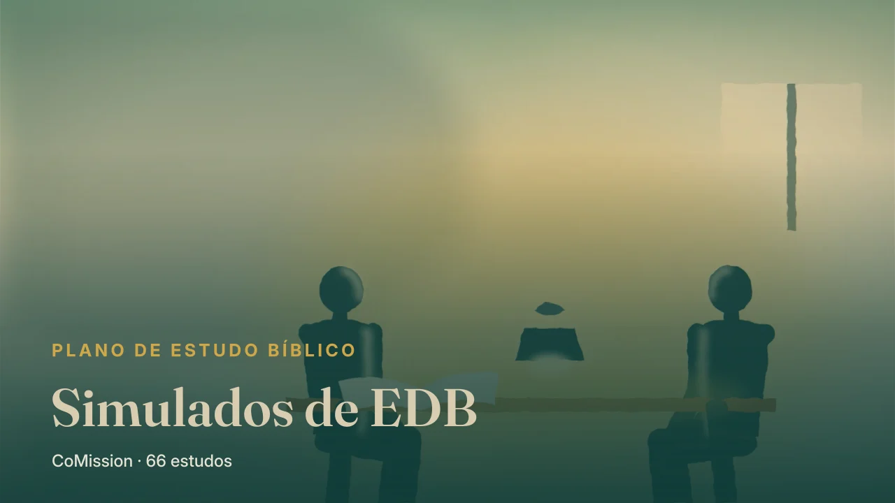 Simulados de EDB — duas pessoas sentadas a uma mesa simples, com uma Bíblia aberta entre elas, sob uma luz quente