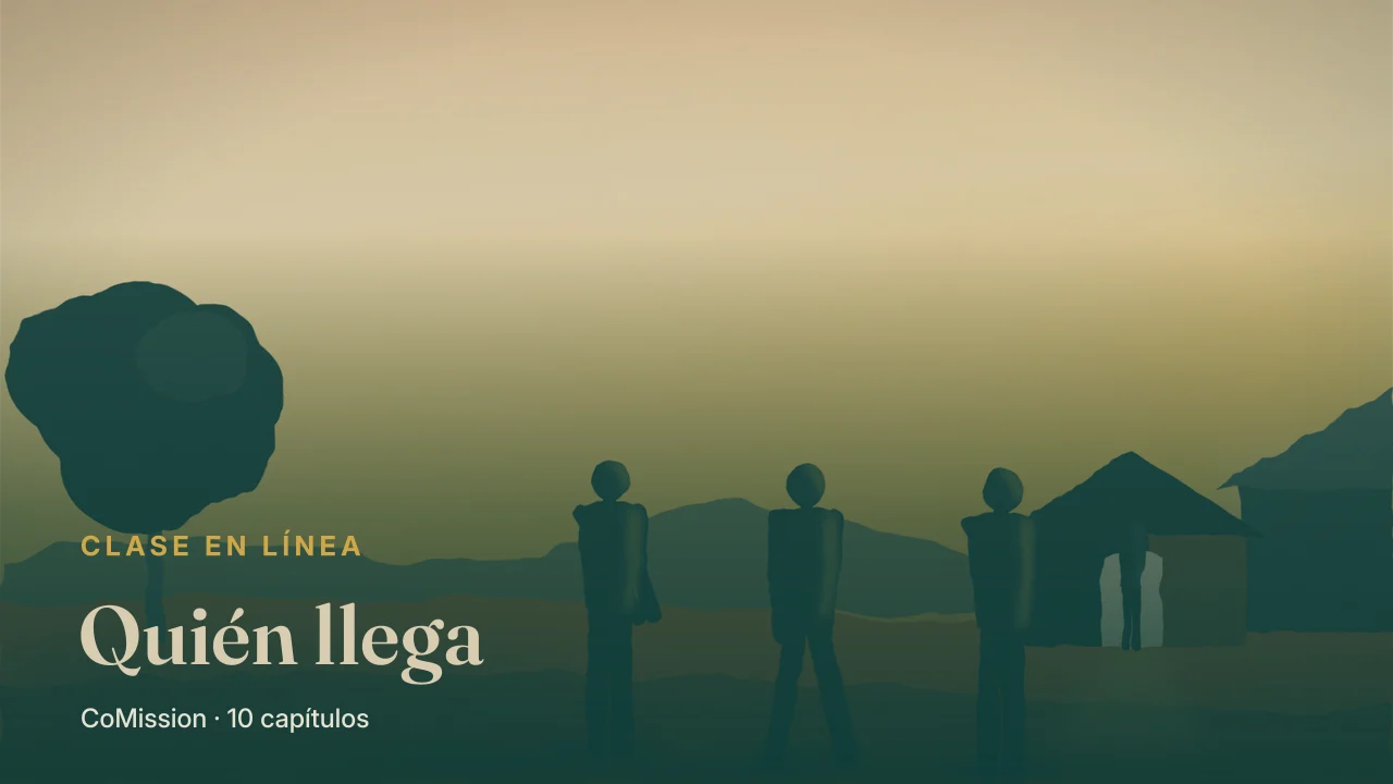 Portada: Quién llega — una puerta iluminada al anochecer con gente caminando hacia ella.