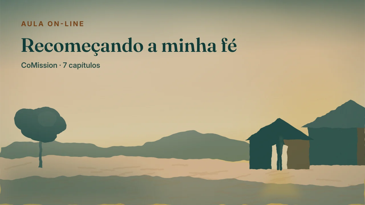 Capa: Recomeçando a minha fé — a primeira luz da manhã sobre uma porta aberta, e um pai de pé nela, olhando a estrada.