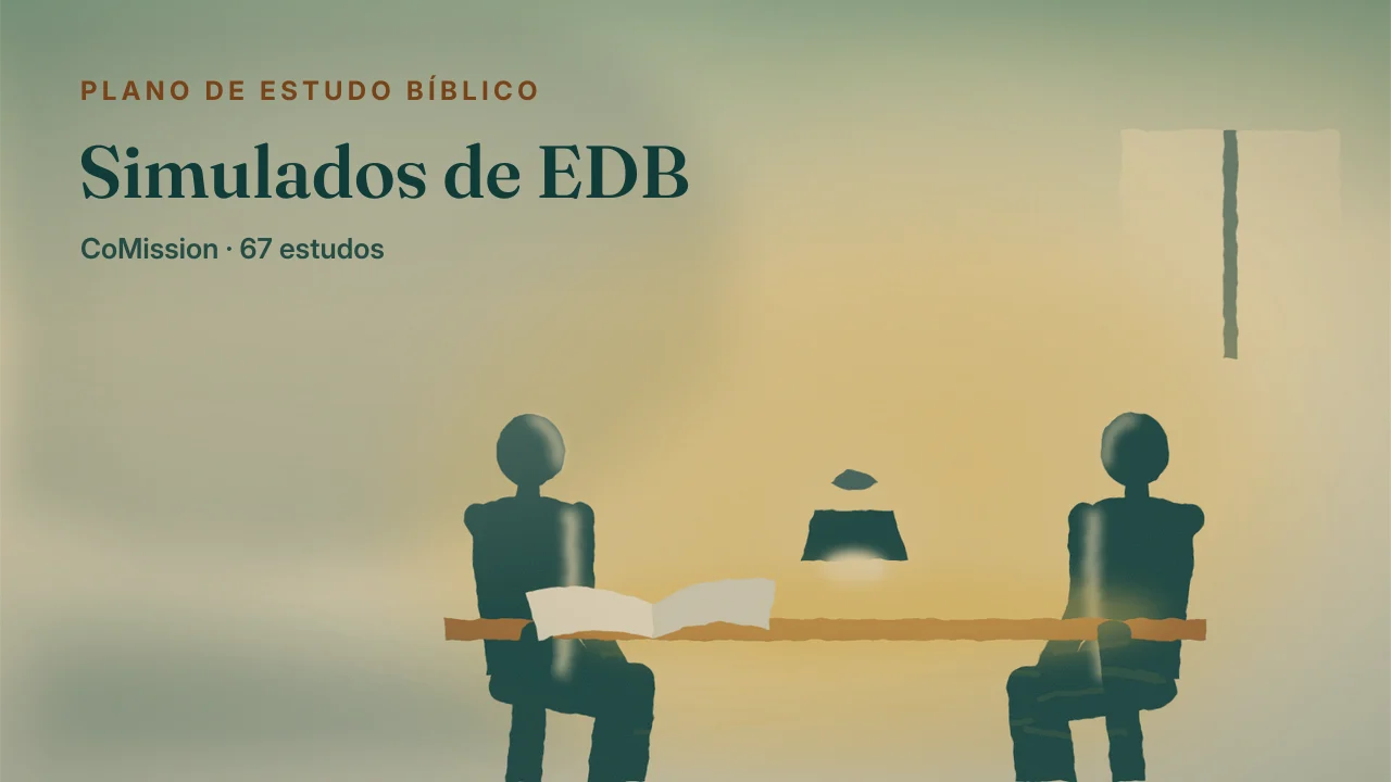 Simulados de EDB — duas pessoas sentadas a uma mesa simples, com uma Bíblia aberta entre elas, sob uma luz quente