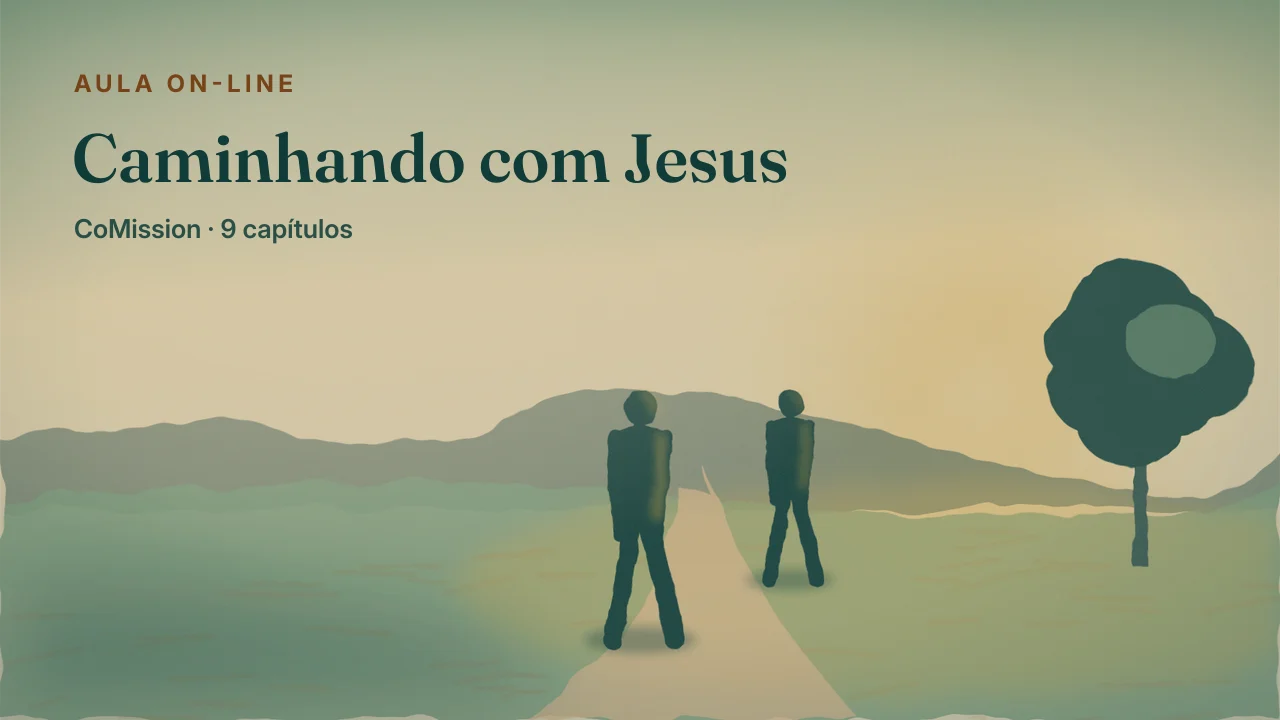 Capa: Caminhando com Jesus — duas pessoas numa estrada aberta em plena luz do dia, com um longo caminho ainda pela frente.