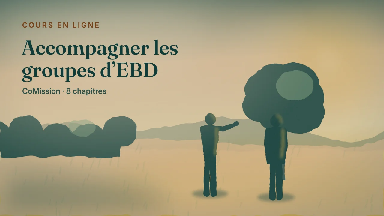 Couverture : Accompagner les groupes d’EBD — deux personnes en conversation au petit jour, sur un terrain plat.
