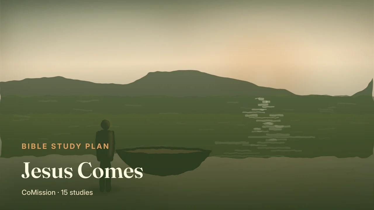 Jesus Comes — first light breaking over still water at the edge of a lake