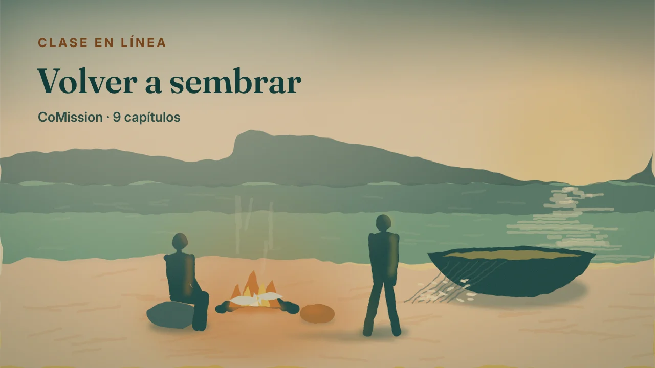 Portada: Volver a sembrar — un fuego de carbón en la orilla al amanecer, uno sentado junto a él y otro que sube desde la barca para comer.