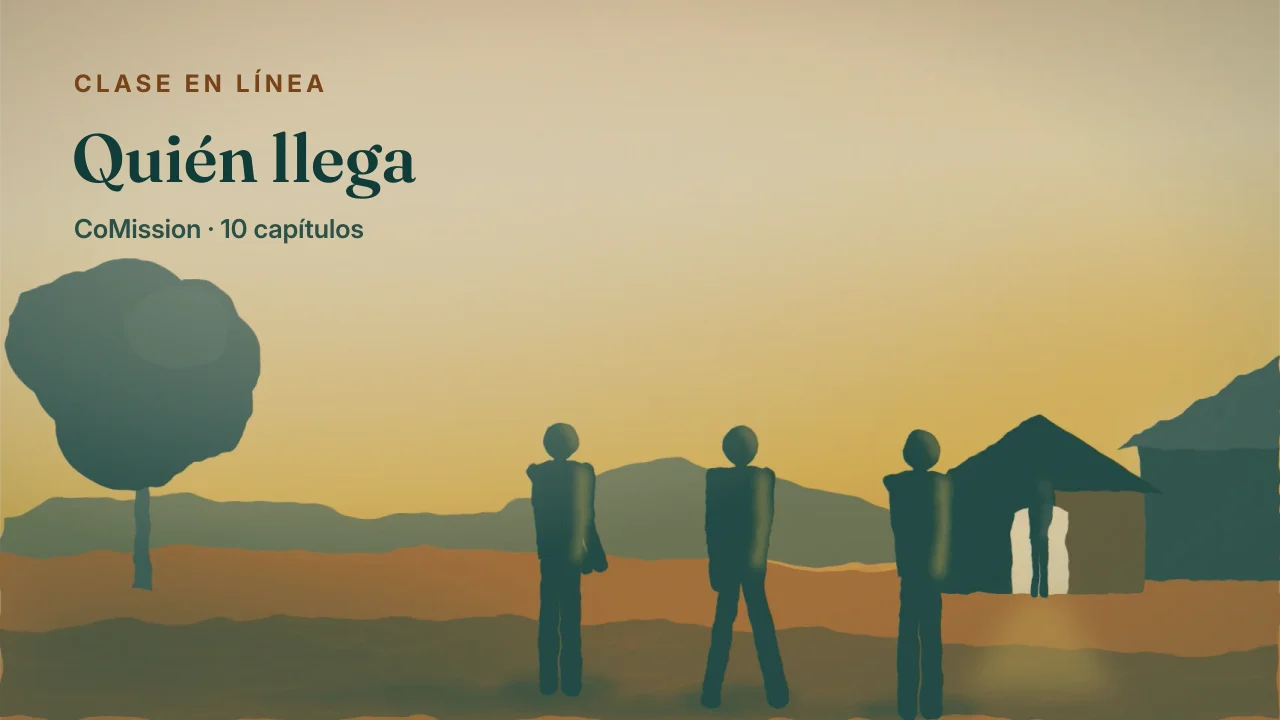 Portada: Quién llega — una puerta iluminada al anochecer con gente caminando hacia ella.