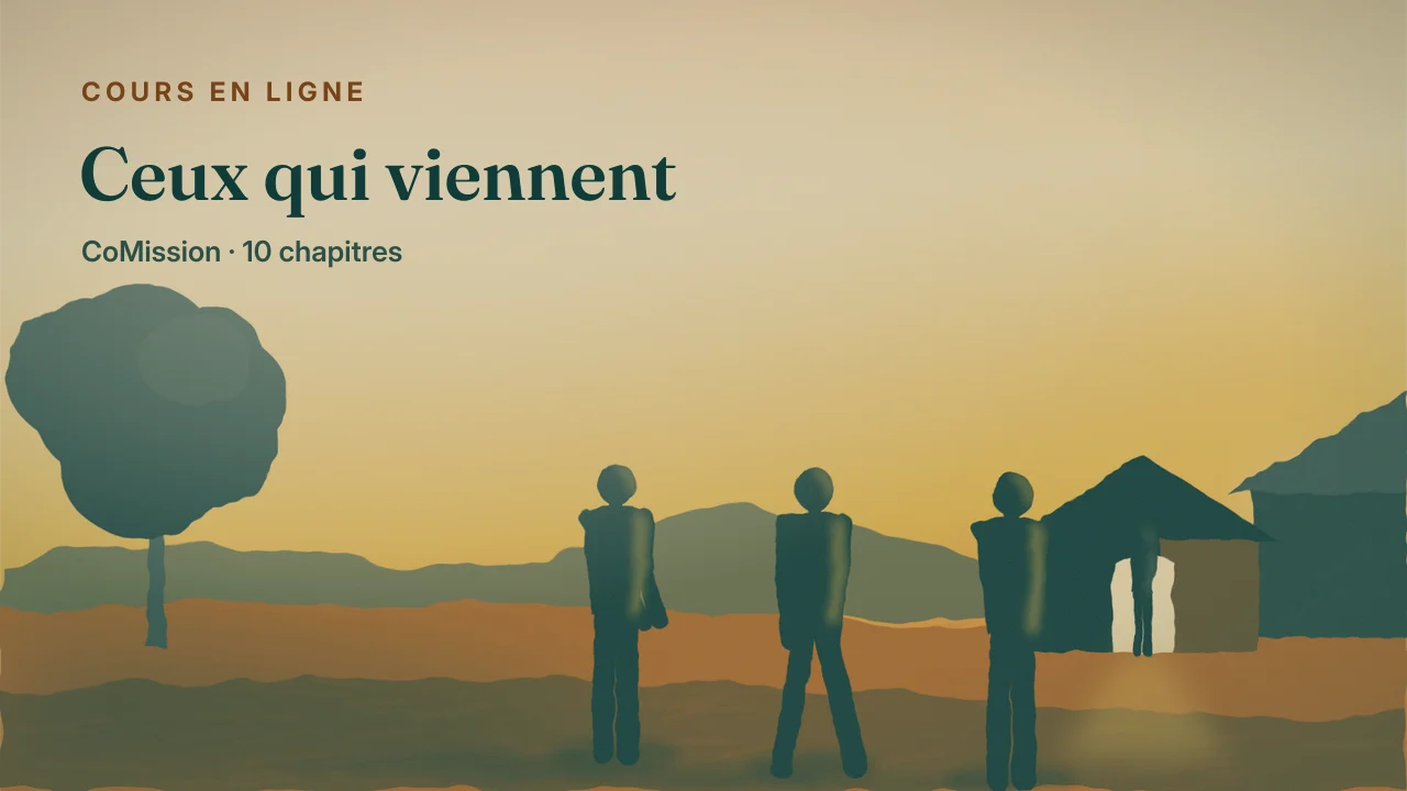 Couverture : Ceux qui viennent — une porte éclairée au crépuscule, et des gens qui marchent vers elle.