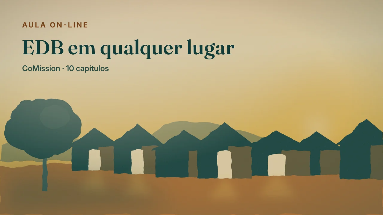 Capa: EDB em qualquer lugar — janelas acesas espalhadas por uma cidade comum ao entardecer, o mesmo estudo acontecendo em cada casa.