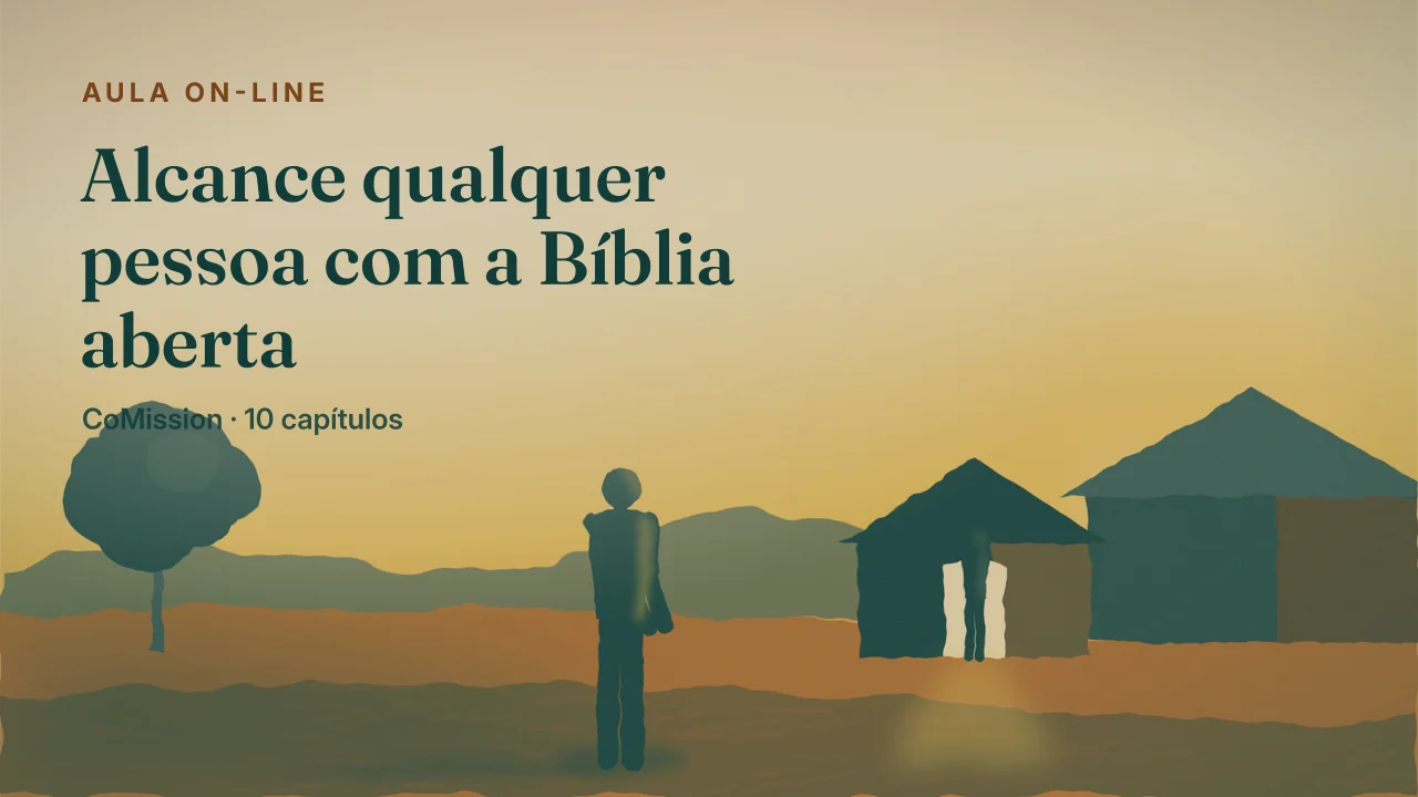 Capa: Alcance qualquer pessoa com a Bíblia aberta — uma porta iluminada ao anoitecer, com uma pessoa caminhando na direção dela.