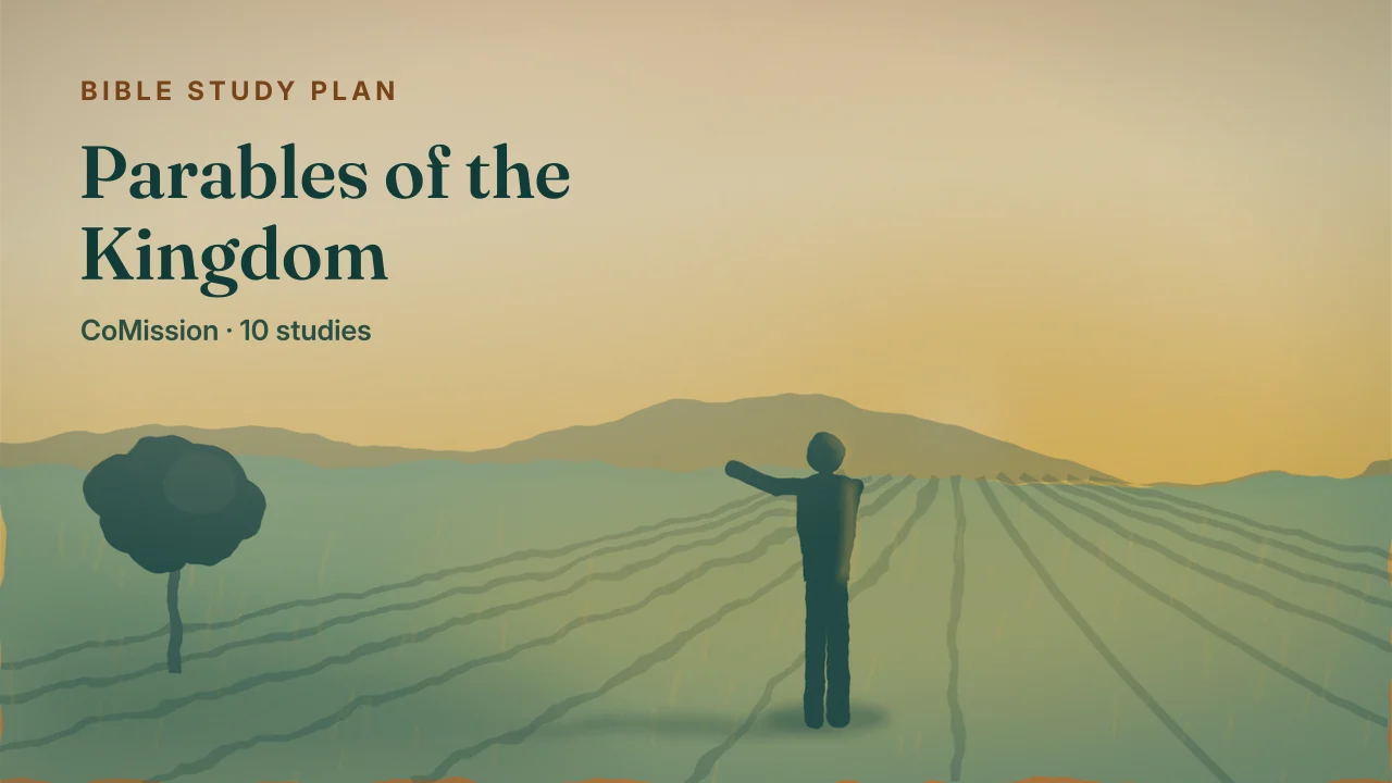 Parables of the Kingdom — a sower's arc of golden seed over a dark field