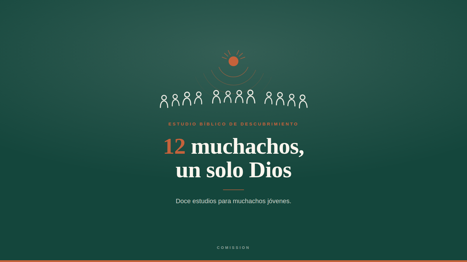 12 muchachos, un solo Dios — doce figuras de pie juntas bajo la luz