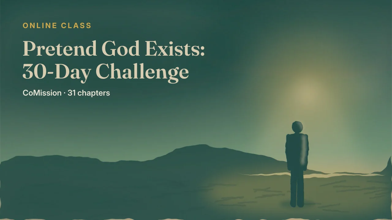 Cover: Pretend God Exists, a lone figure watching light break through storm cloud.