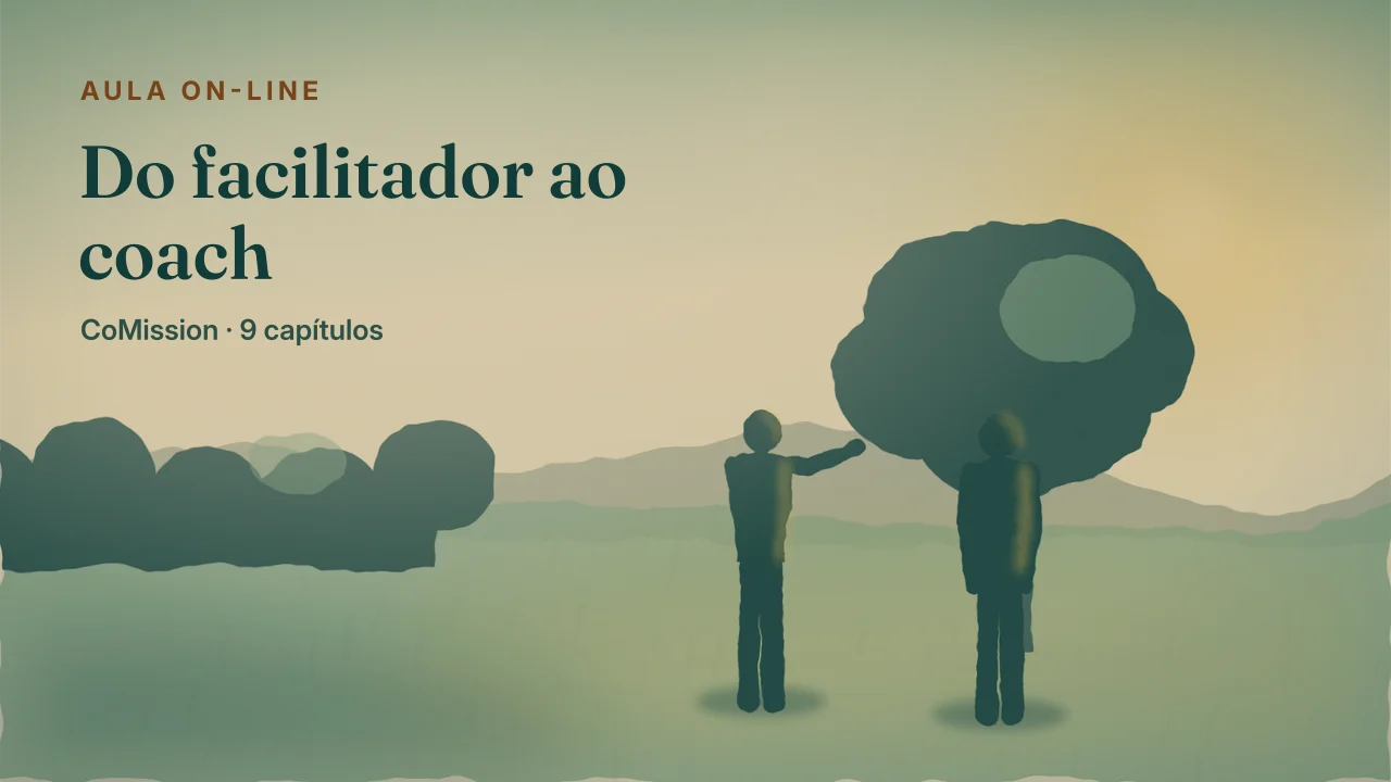 Capa: Do facilitador ao coach — duas pessoas conversando debaixo de uma árvore, uma fazendo perguntas à outra em vez de dar as respostas.