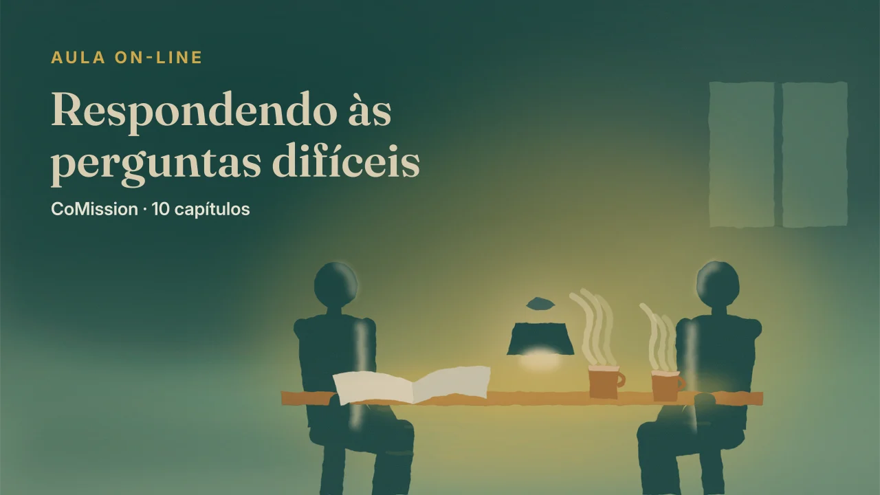 Capa: Respondendo às perguntas difíceis — duas pessoas frente a frente numa mesa tarde da noite, uma Bíblia aberta entre elas e duas canecas ainda fumegando.