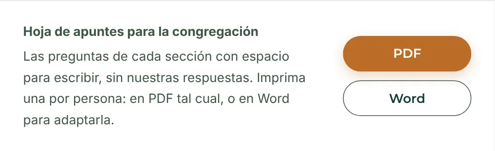 La hoja de apuntes para la congregación, con su botón PDF.