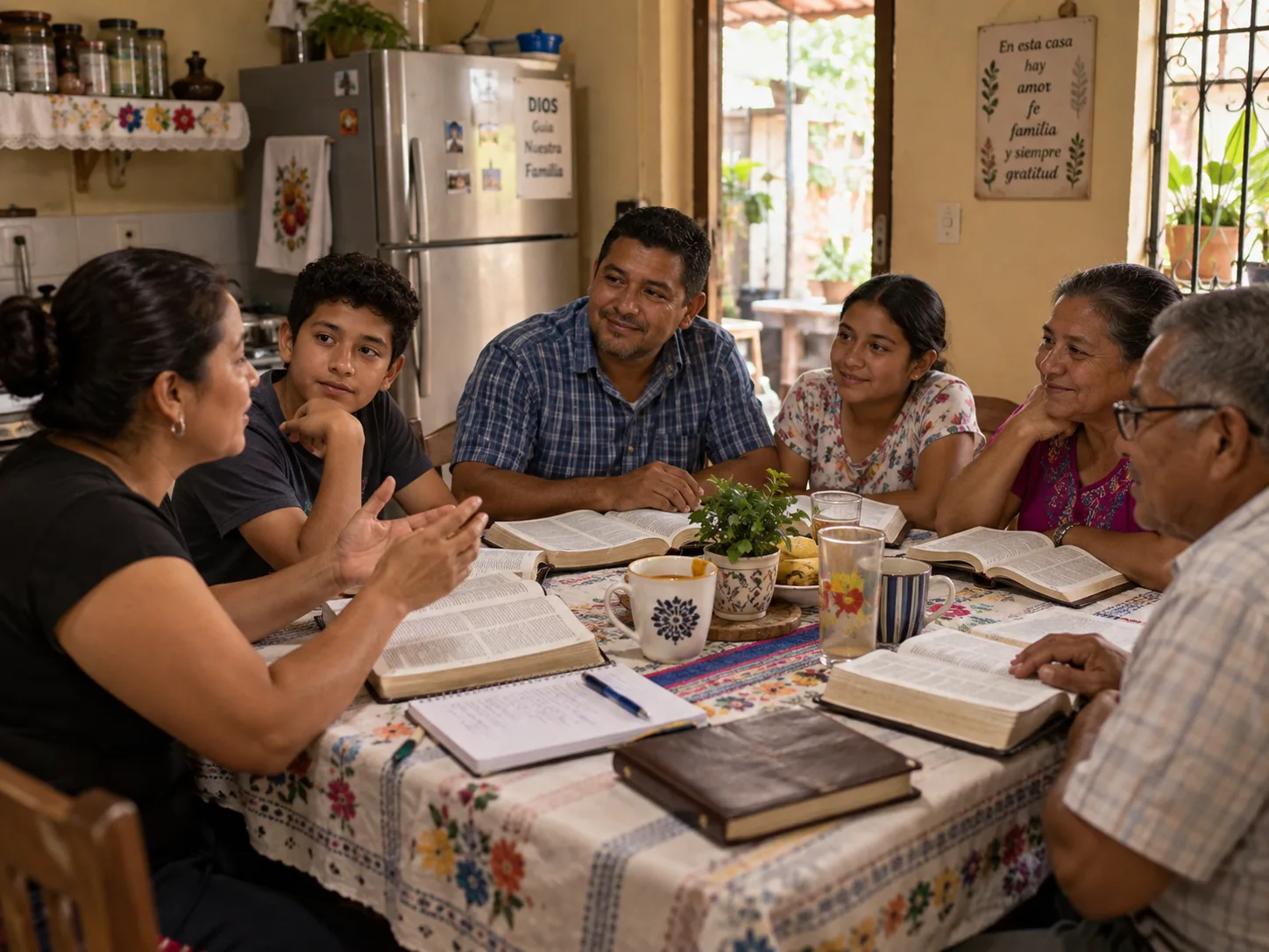 A Bible study around a kitchen table in Honduras